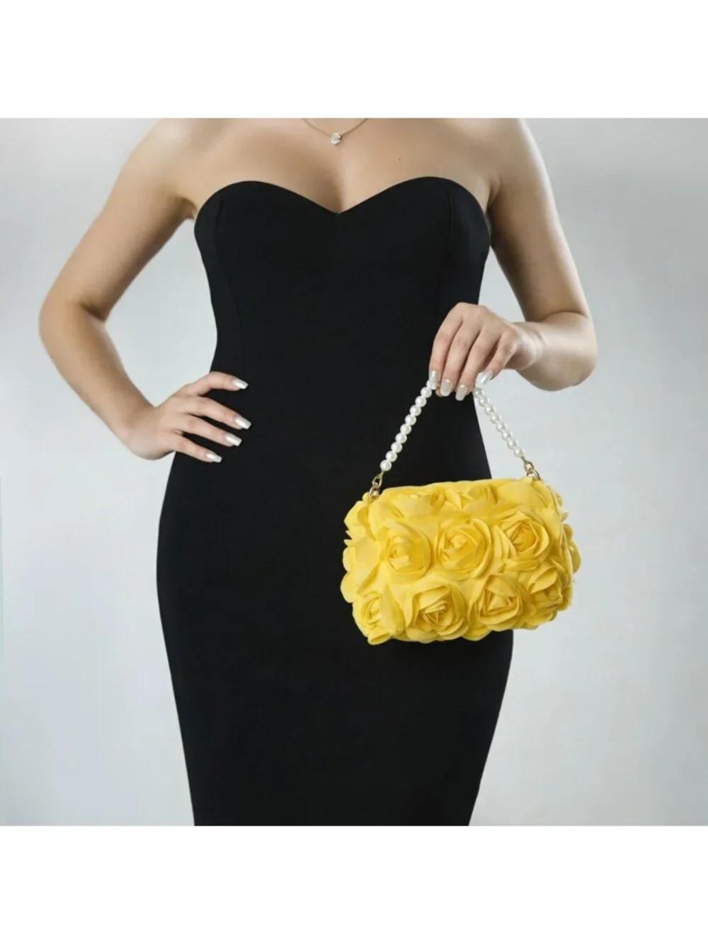 Elegant Floral Evening Clutch, 3D Chiffon Handbag with Pearl Beaded Handle for